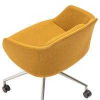 Stylish mustard-yellow swivel chair with smooth contours and minimalist design. Perfect for modern workspaces.