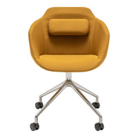 Stylish mustard yellow chair with a modern design and subtle texture, featuring a comfy back cushion and sleek metal base.