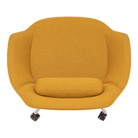 Stylish mustard yellow lounge chair with a smooth, minimalist design and soft texture, perfect for modern interiors.