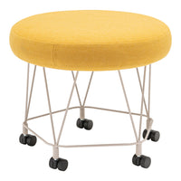 Round yellow upholstered stool with a sleek gray metal base and rolling black wheels. Perfect modern accent piece.