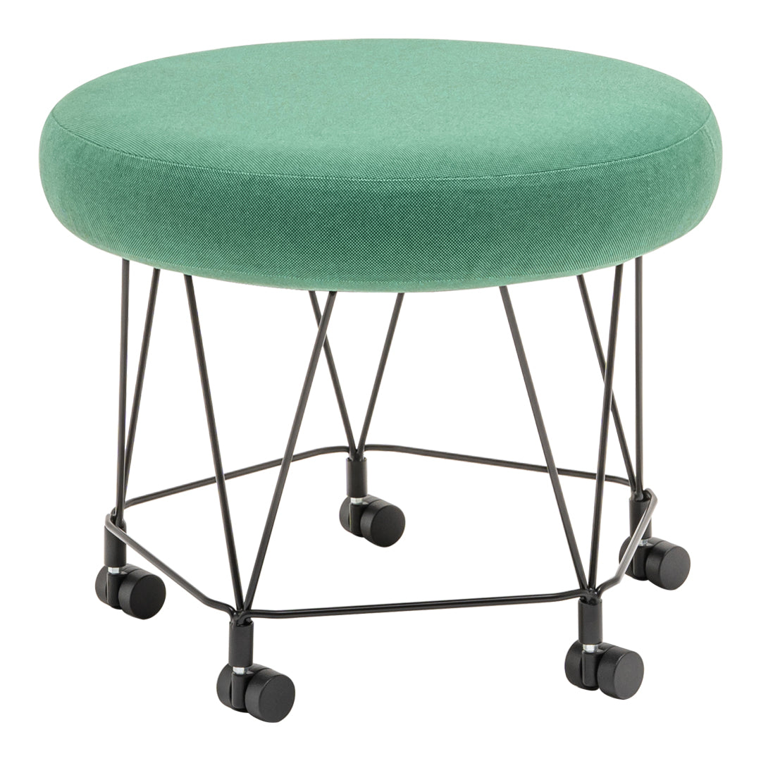 Round green upholstered stool with a textured surface and black metal legs on wheels, ideal for versatile seating.