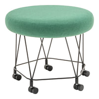 Round green upholstered stool with a textured surface and black metal legs on wheels, ideal for versatile seating.