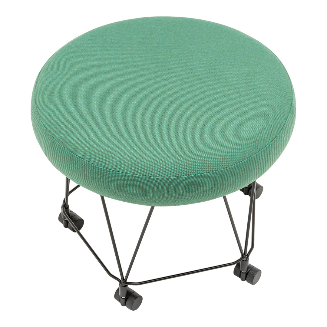 Green upholstered round stool with a sleek black metal frame and caster wheels. Perfect for modern decor.