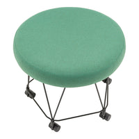 Green upholstered round stool with a sleek black metal frame and caster wheels. Perfect for modern decor.