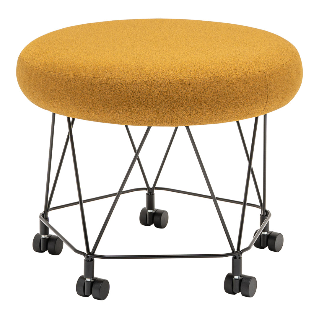 Round mustard yellow ottoman with a textured fabric and black metal base, featuring a wireframe design and wheels.