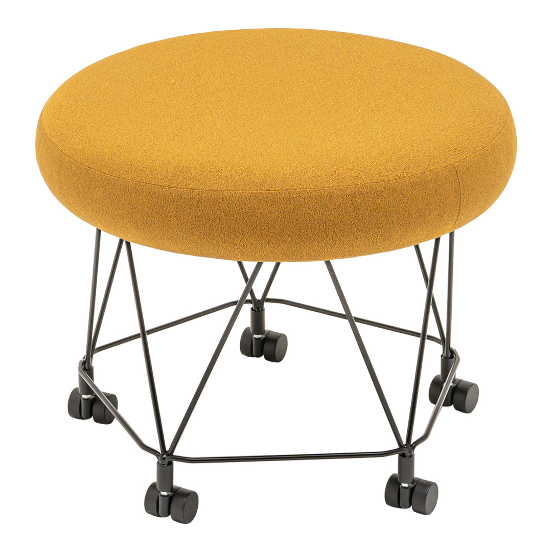 Round mustard yellow ottoman with a textured fabric top and a black metal wire base on rolling casters.