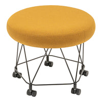 Round mustard yellow ottoman with a textured fabric top and a black metal wire base on rolling casters.