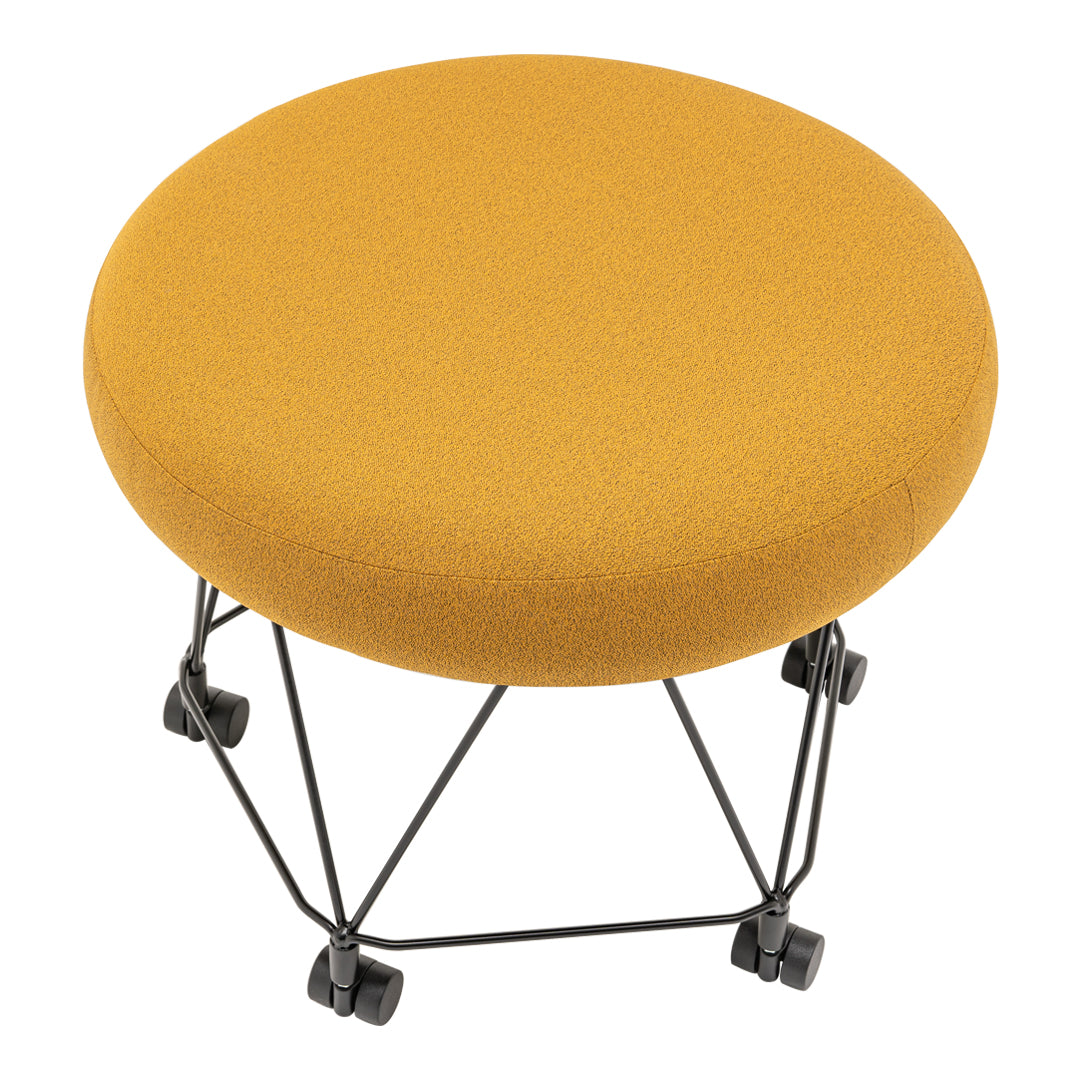 Round mustard yellow upholstered stool with a textured fabric and black metal base on wheels. Ideal for modern decor.