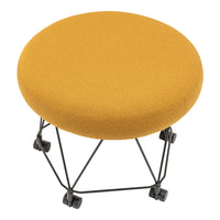 Round mustard yellow upholstered stool with a textured fabric and black metal base on wheels. Ideal for modern decor.