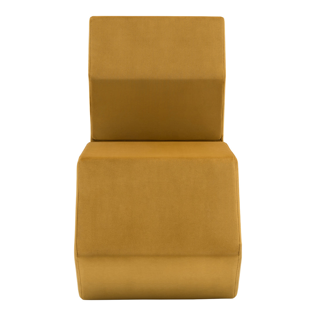 Contemporary geometric chair in a warm mustard yellow, featuring a sleek, minimalist design with smooth surfaces.