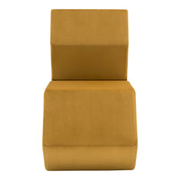 Contemporary geometric chair in a warm mustard yellow, featuring a sleek, minimalist design with smooth surfaces.