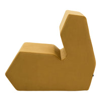 Geometric mustard yellow accent chair with a sleek, modern design, perfect for contemporary décor.