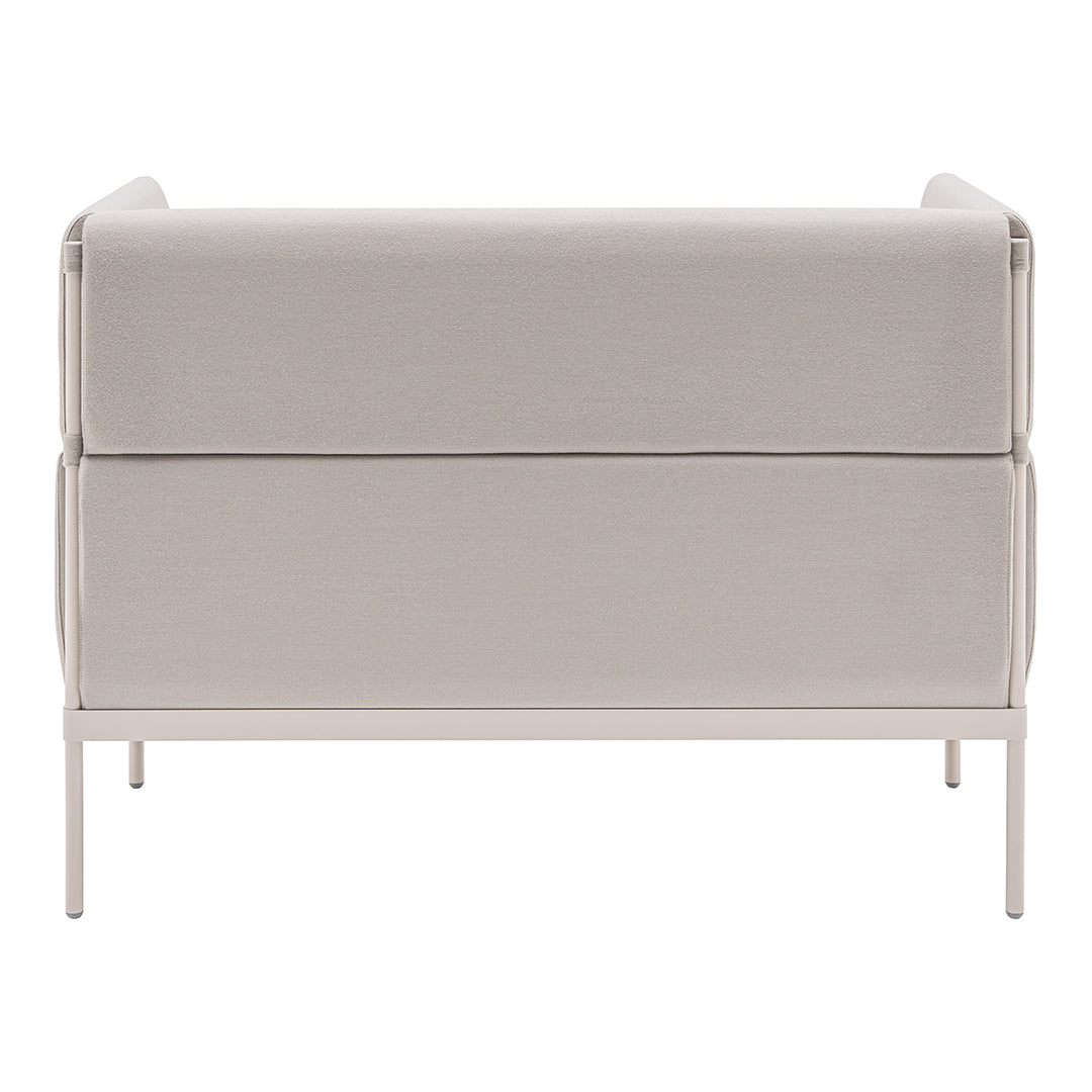 Light gray upholstered sofa with smooth, minimalist design and sleek metal legs. Ideal for modern decor.