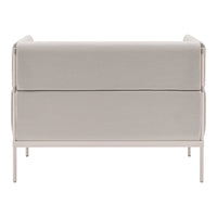 Light gray upholstered sofa with smooth, minimalist design and sleek metal legs. Ideal for modern decor.