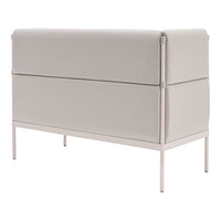 Light gray upholstered console table with a minimalist design and smooth, clean lines on a sleek white metal frame.