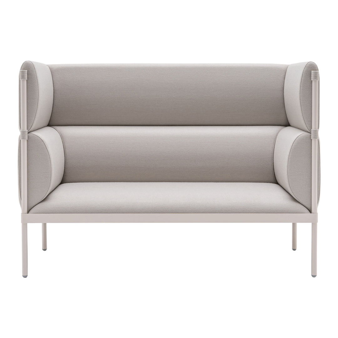 Stylish light gray sofa with smooth, minimalist lines and rounded armrests for a modern touch.
