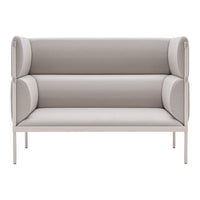 Stylish light gray sofa with smooth, minimalist lines and rounded armrests for a modern touch.