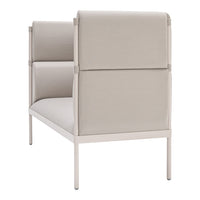 Light beige modular sofa with a minimalist design and smooth fabric texture, featuring clean lines and neutral colors.