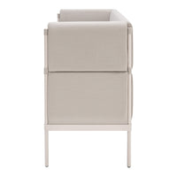 Neutral beige sofa with a sleek, minimalist design and subtle texture, featuring a streamlined silhouette.