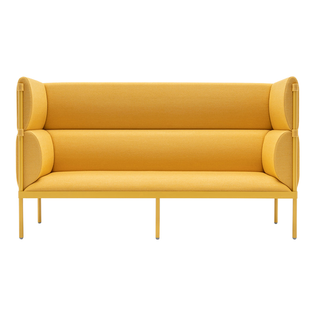 Bright yellow two-seater sofa with smooth, minimalist design and rounded armrests, perfect for modern decor.