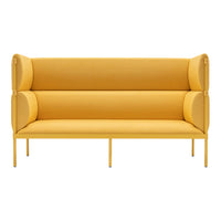Bright yellow two-seater sofa with smooth, minimalist design and rounded armrests, perfect for modern decor.
