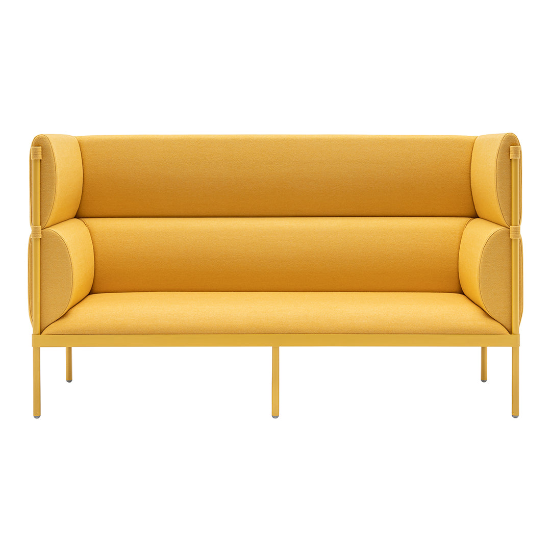 Yellow modern two-seater sofa with smooth upholstery and minimalistic design. Ideal for brightening living spaces.