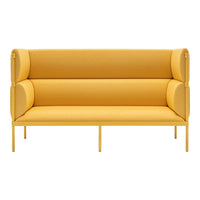 Yellow modern two-seater sofa with smooth upholstery and minimalistic design. Ideal for brightening living spaces.