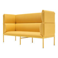 Yellow upholstered sofa with smooth, minimalist design and rounded armrests. Modern and stylish for any space.
