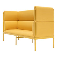 Yellow upholstered sofa with a sleek, modern design and minimalistic pattern. Perfect for adding a pop of color.
