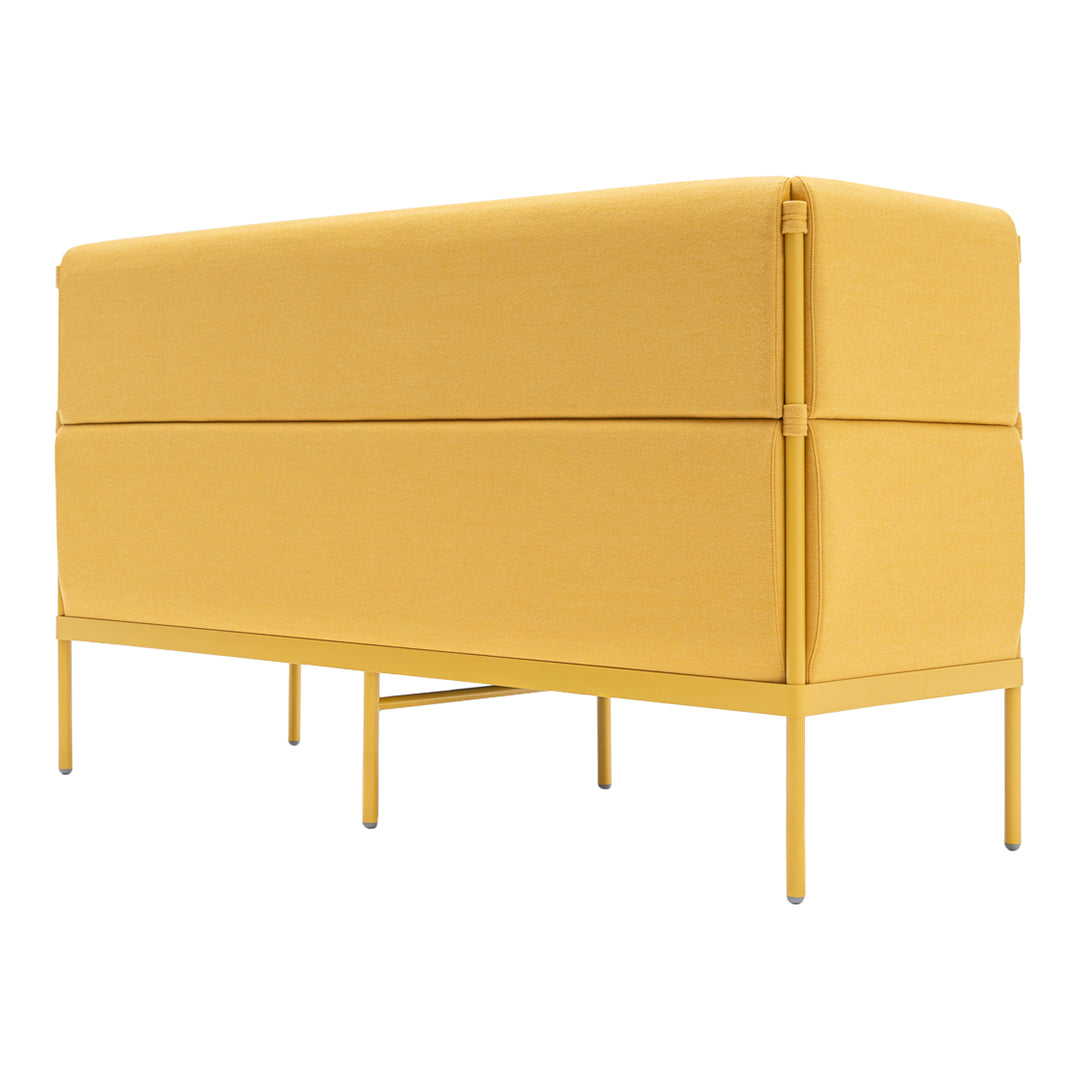 Bright yellow upholstered bench with a modern, minimalist design and clean lines. Perfect for contemporary decor.