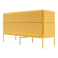 Bright yellow upholstered bench with a modern, minimalist design and clean lines. Perfect for contemporary decor.