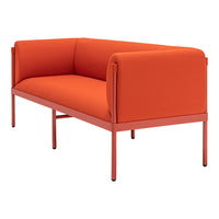 Vibrant orange two-seater sofa with smooth, minimalist design and bold, solid color. Perfect for modern interiors.