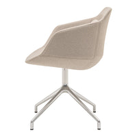 Beige upholstered chair with a textured pattern and sleek silver base. Ideal for modern interior decor.