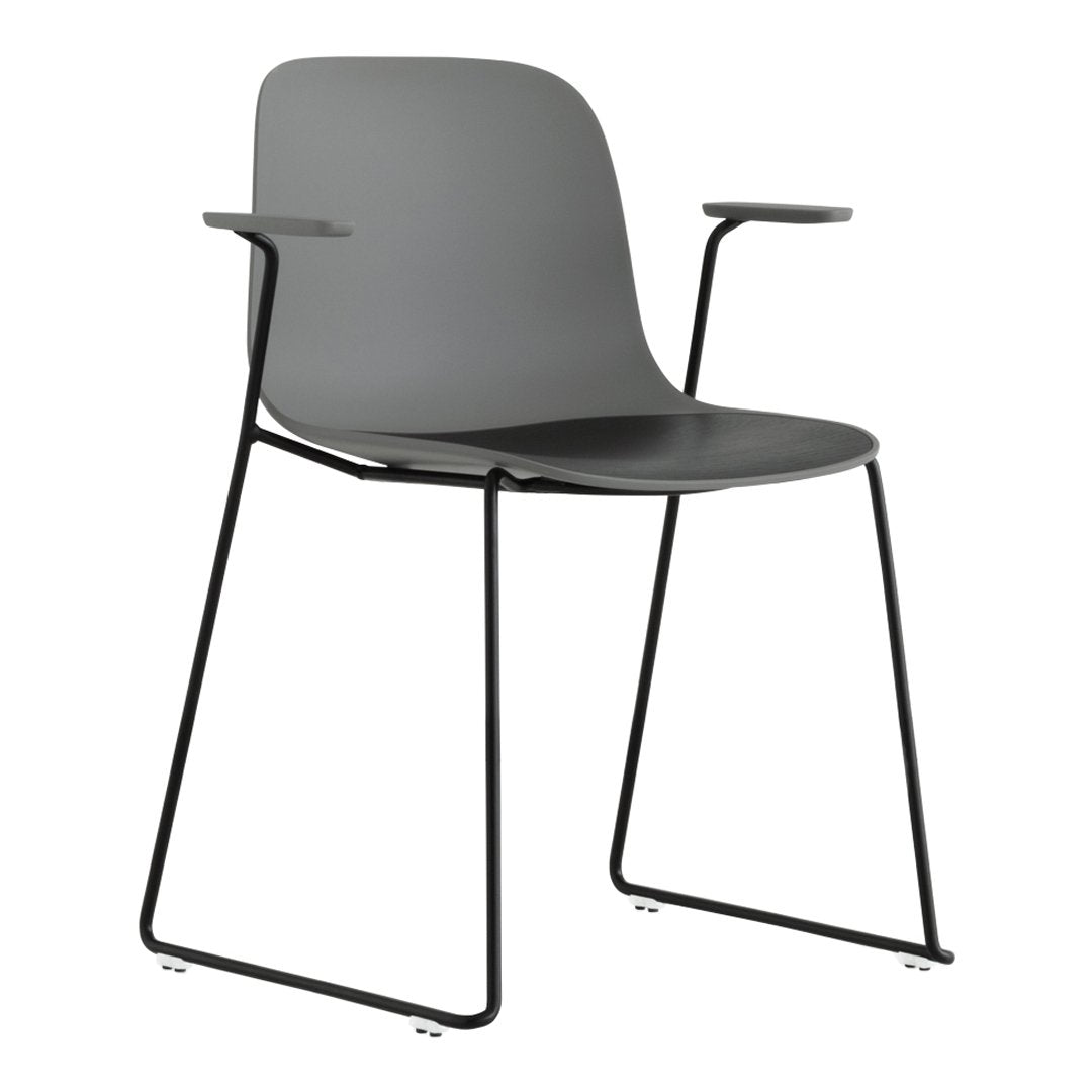 Modern gray chair with a sleek black metal frame and minimalist design, perfect for contemporary spaces.