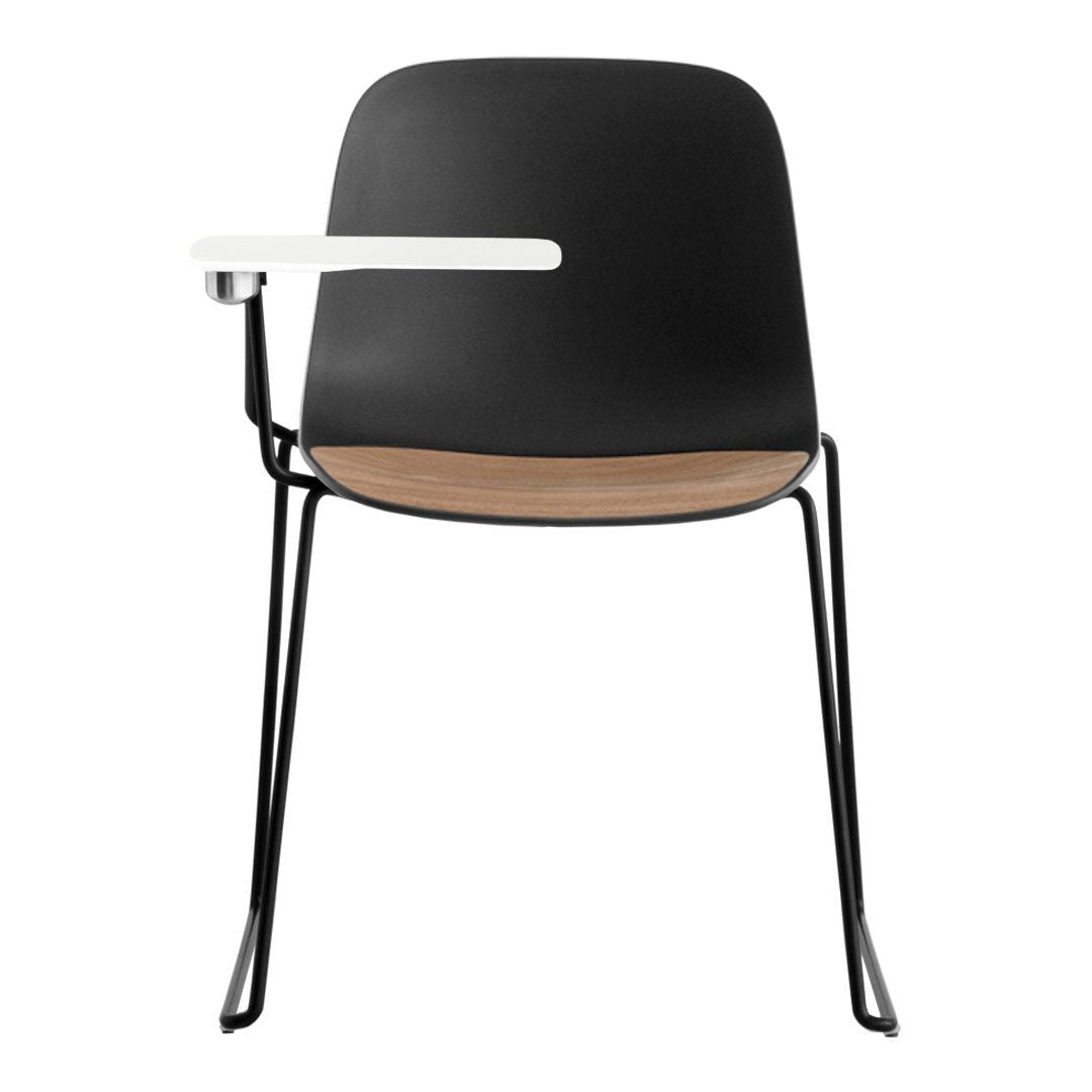 Black chair with a wooden seat and white armrest, featuring a sleek, minimalist design. Perfect for modern decor.