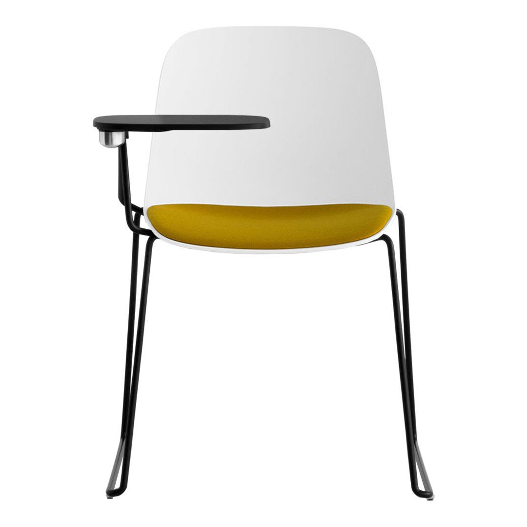 Modern chair with a white backrest, yellow seat, and black armrest and legs, featuring a sleek, minimalist design.