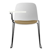 Modern white chair with a natural wood seat and sleek black metal legs, featuring a minimalist design.