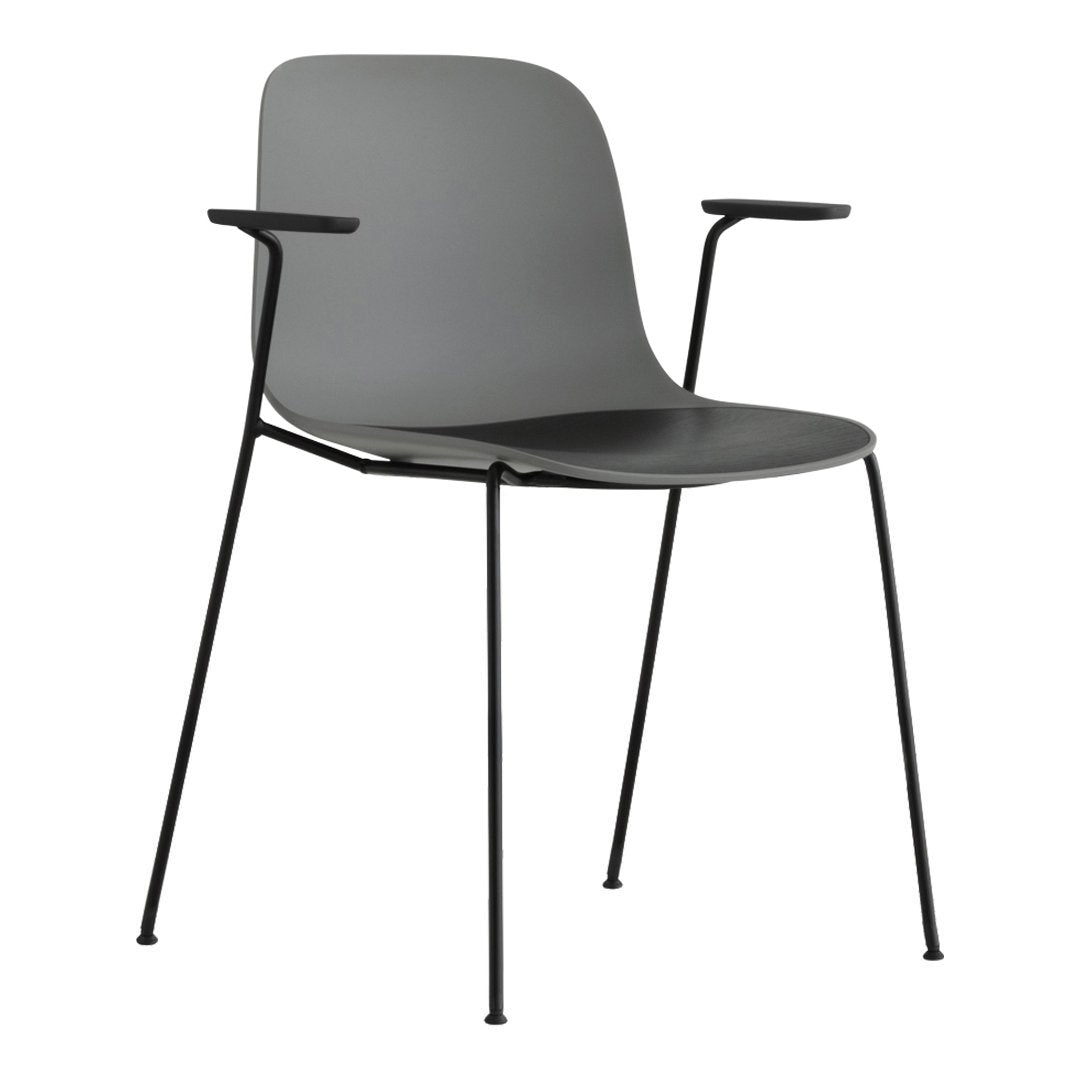 Gray ergonomic chair with sleek black metal legs and minimalist design, perfect for modern interiors.
