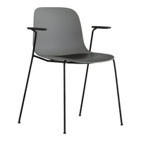 Gray ergonomic chair with sleek black metal legs and minimalist design, perfect for modern interiors.