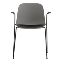 Gray chair with a minimalist design, featuring a smooth surface and black metal legs for a modern look.