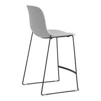 Gray upholstered bar stool with a minimalist design and sleek black metal legs. Perfect for modern interiors.