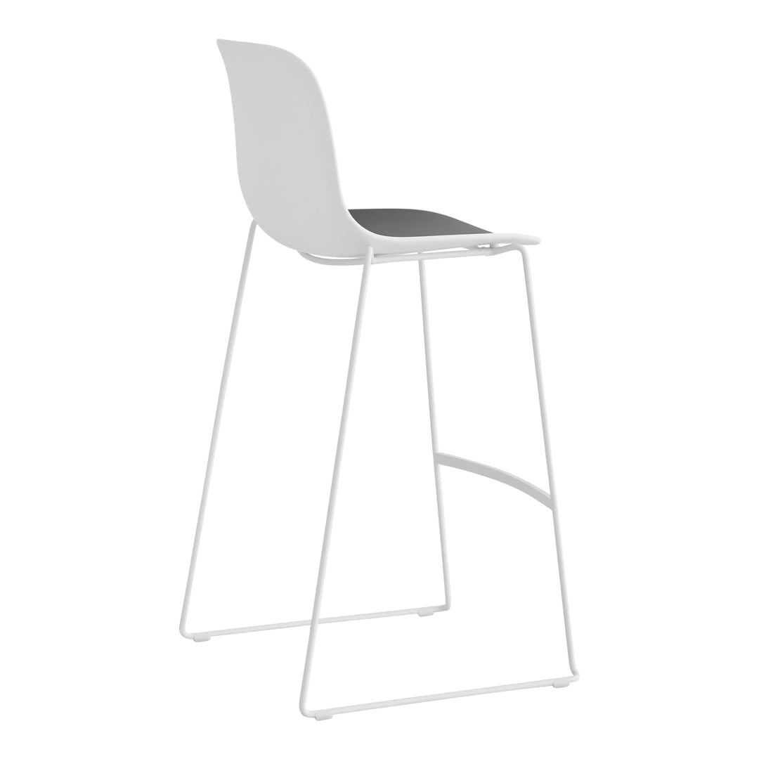 White bar stool with a smooth, minimalist design and a gray seat, perfect for modern decor.