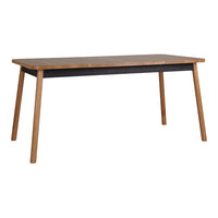 "Stylish wooden dining table with a rich walnut finish and natural light wood legs, showcasing a modern, minimalist design."