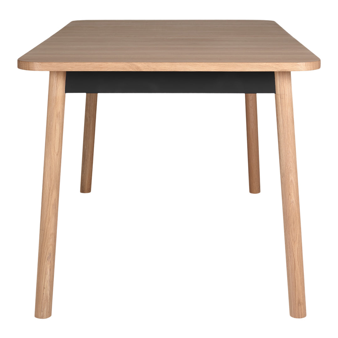 Light wood table with a sleek black drawer, featuring a minimalist design and smooth finish. Ideal for modern interiors.