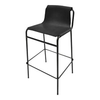 Black bar stool with a sleek modern design featuring a solid black seat and black metal frame. Perfect for contemporary decor.
