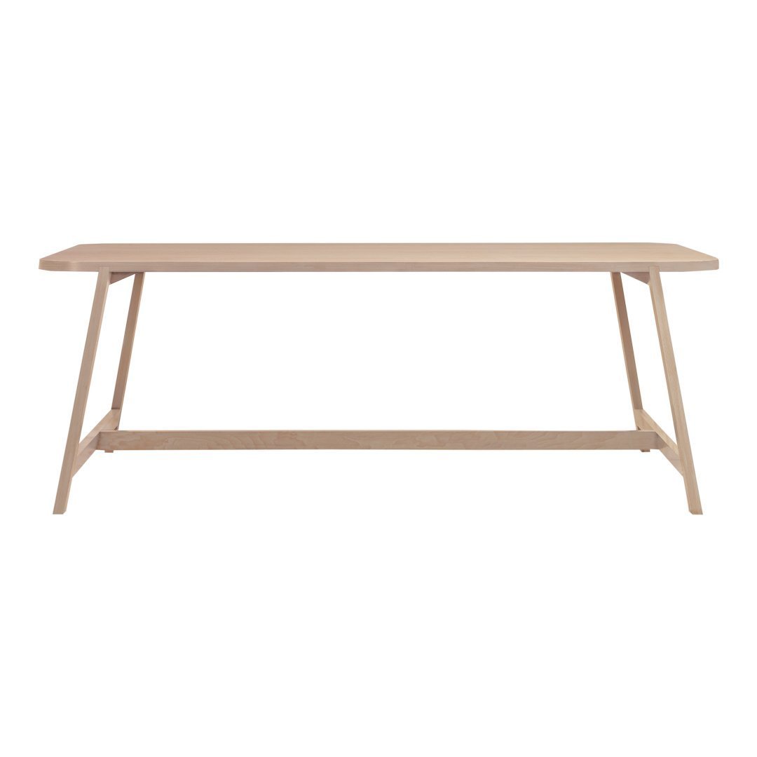 Light wood dining table with a sleek, minimalist design and natural finish; clean lines enhance modern aesthetics.