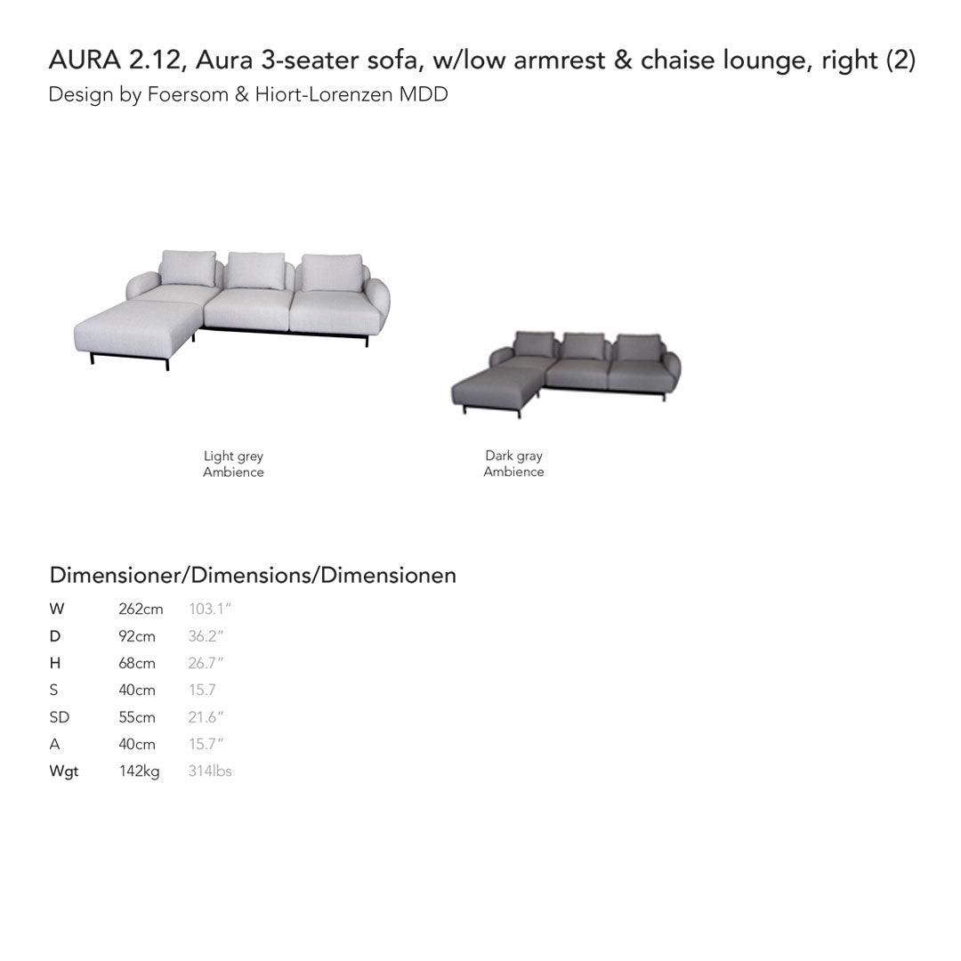 "Gray and light gray 3-seater sofa with low armrest and chaise lounge, featuring a modern minimalist design."