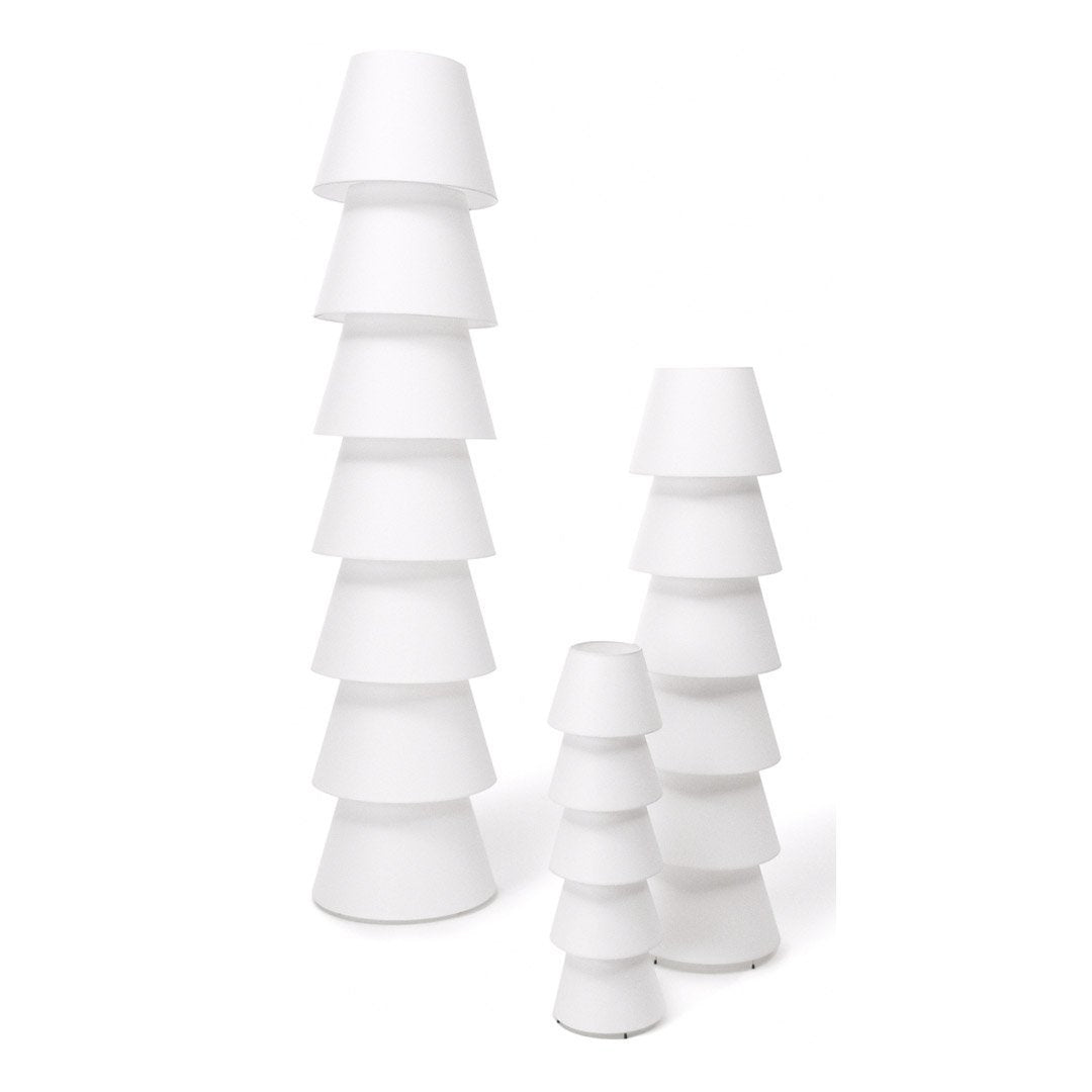 Stylish white lamp set featuring stacked cone shapes for a modern, minimalistic look. Perfect for any decor.