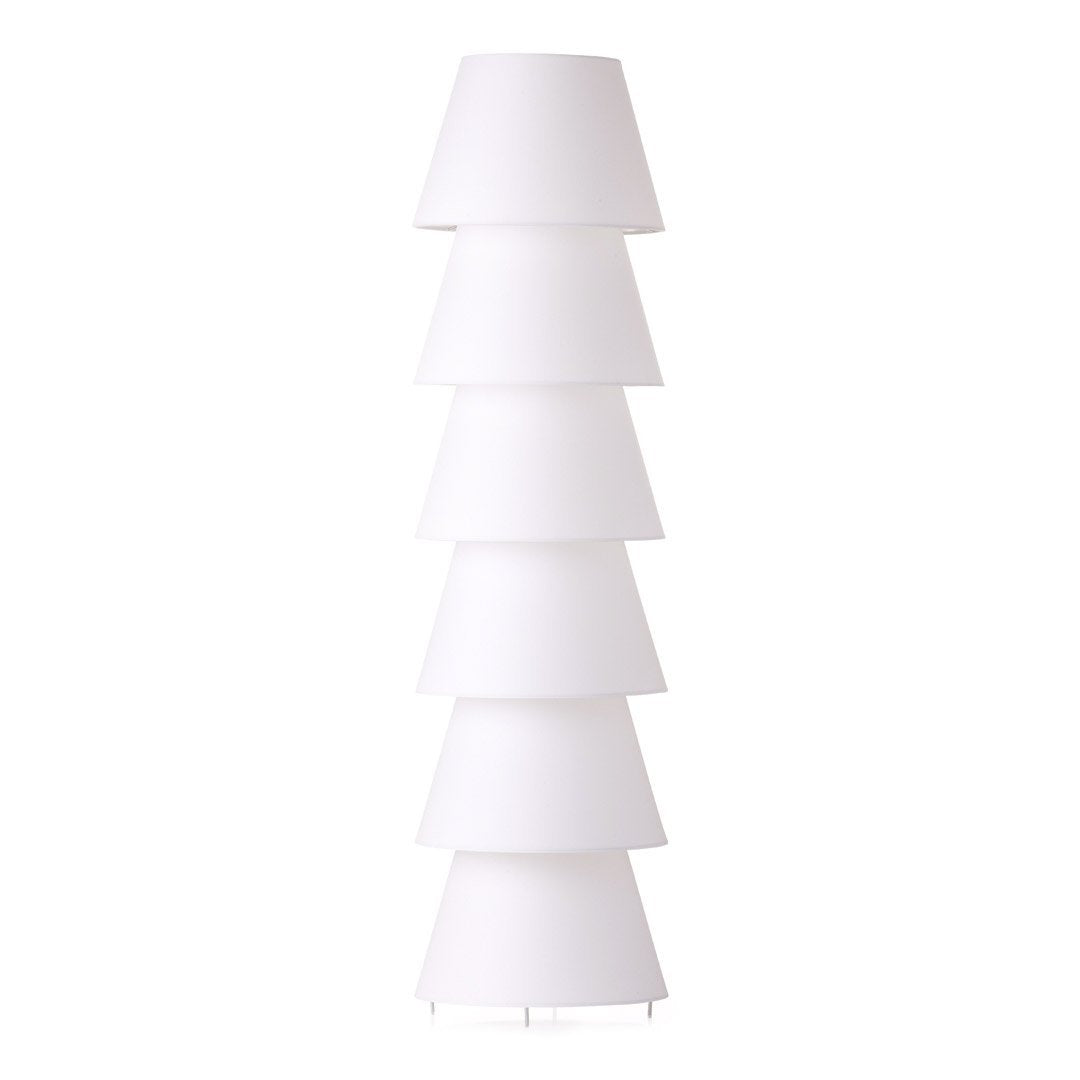 Tall, modern lamp featuring a sleek design with stacked white shades, creating a minimalist aesthetic.