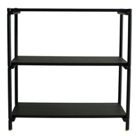 Black metal shelving unit with two shelves, featuring a sleek modern design and gold accents on the legs.